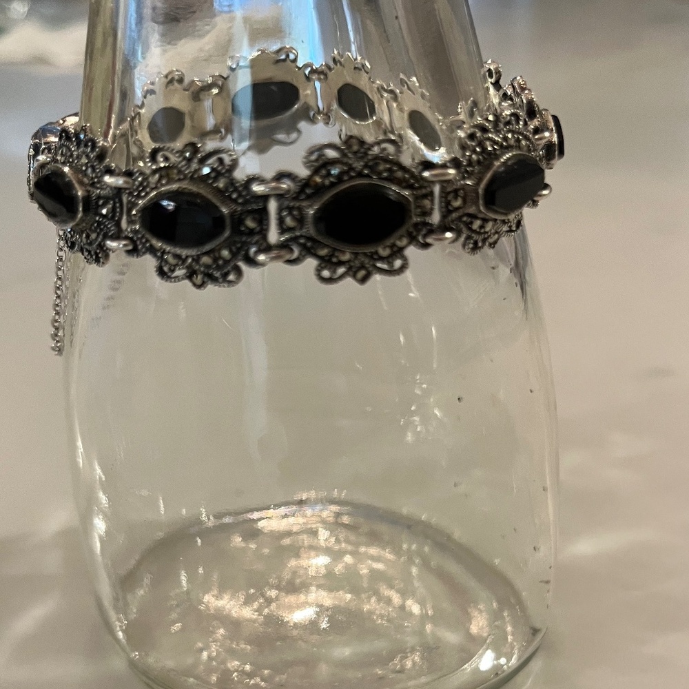 Sterling Silver 925 Black Onyx Marcasite Bracelet, Vintage, Rare